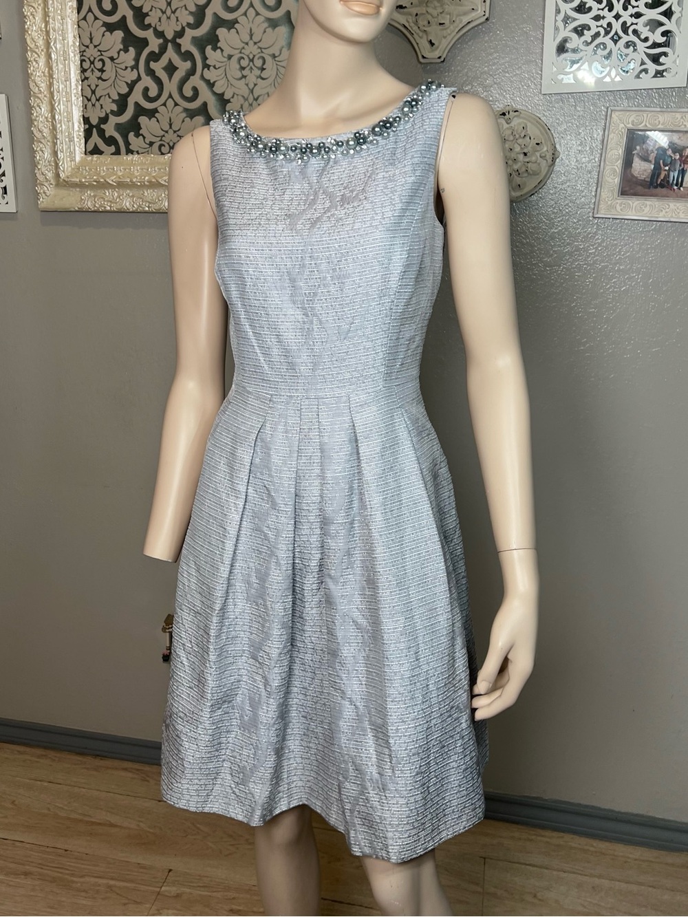 Tahari Silver Pearl and Rhinestone Neckline Fit & Flare Dress